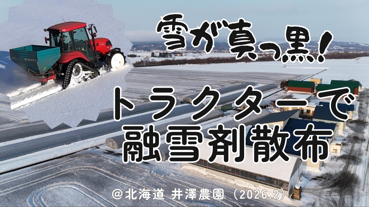 【空撮】雪国の春の準備。トラクターで撒く融雪剤
