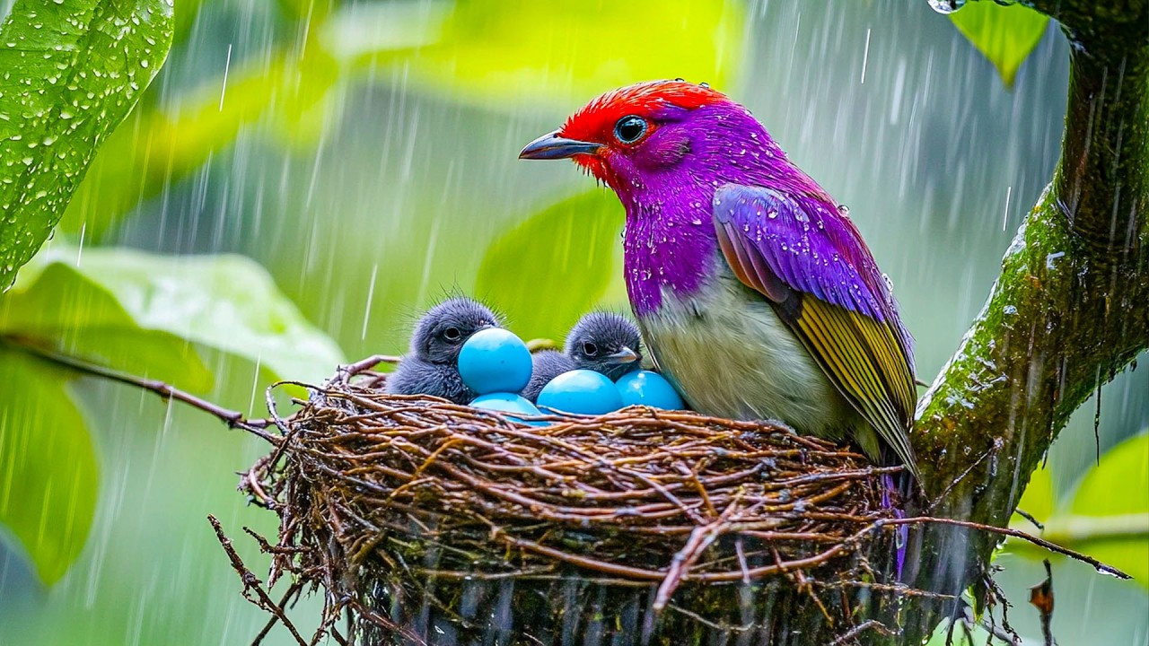 Остановите тревогу и расслабьте свой разум 🌧️ Нежный дождь в сопровождении мелодичного пения птиц...