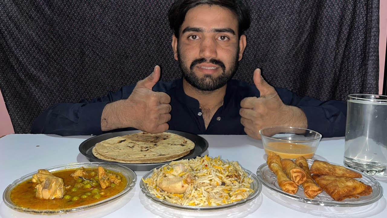 Roti chicken matar with biryani and roll, samosa