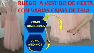 Ruedo o dobladillo a vestido de fiesta con varias capas de tela (tul, satén).