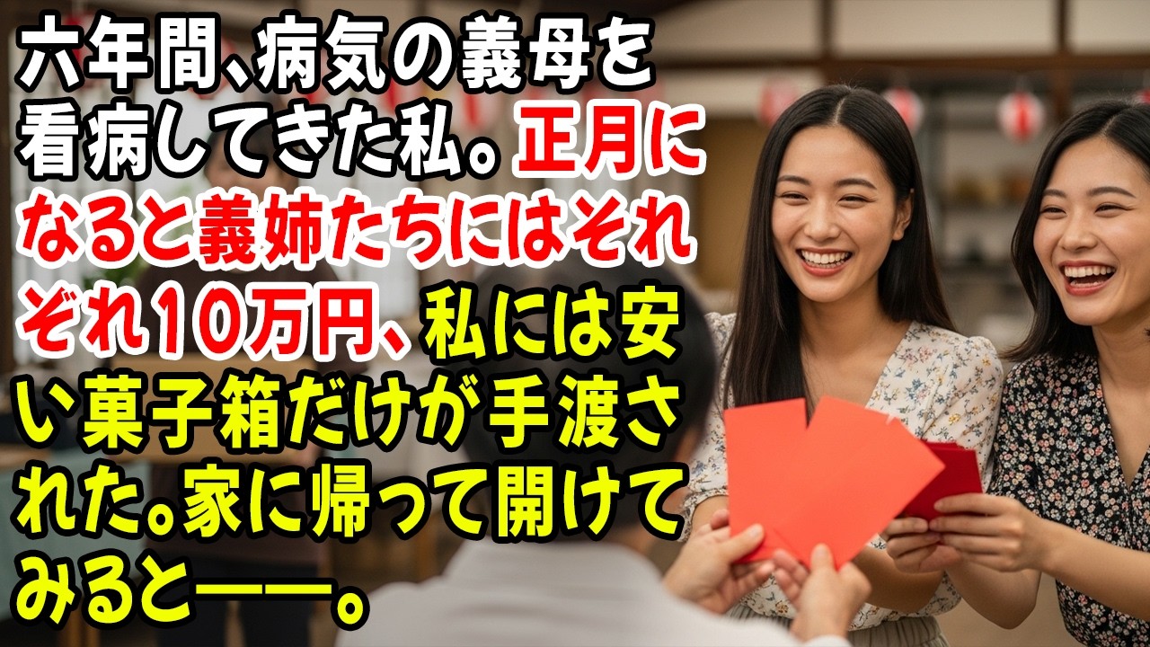 六年間、病気の義母を看病してきた私。正月になると義姉たちにはそれぞれ10万円、私には安い菓子箱だけが手渡された。家に帰って開けてみると――。