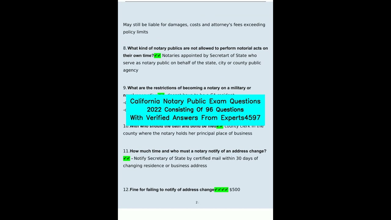 California Notary Public Exam Questions 2022 Consisting Of 96 Questions With Verified Answers From E