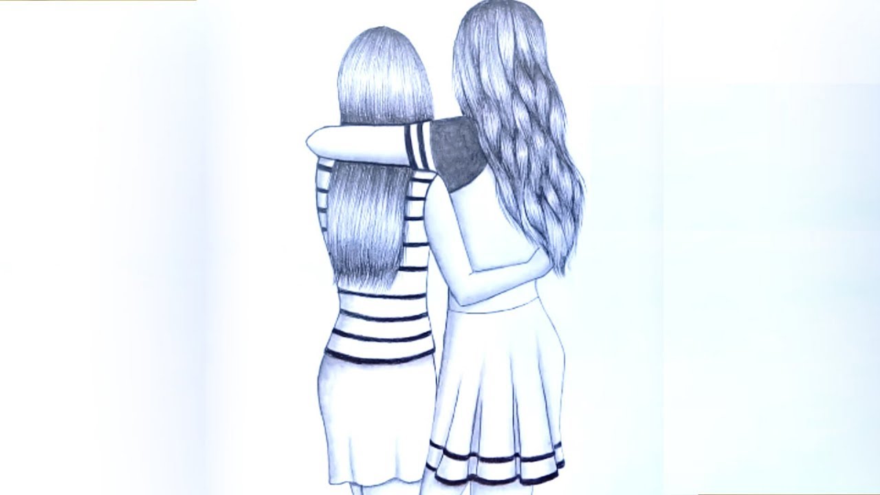 Best friends 💚 Very Easy pencil Sketch Tutorial || Easy way to draw Two Friends Hugging Each ...