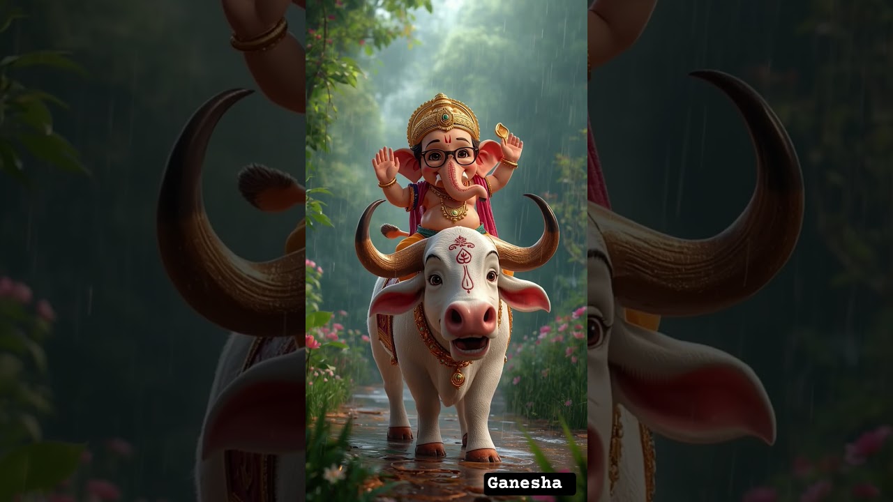 Joyful Rain Dance – Little Ganesha on the White Bull in a Green Garden