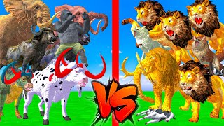 Five giant lions fight the big bull Cartoon bull attacks gorilla saved by elephant Mammoth Vs LION