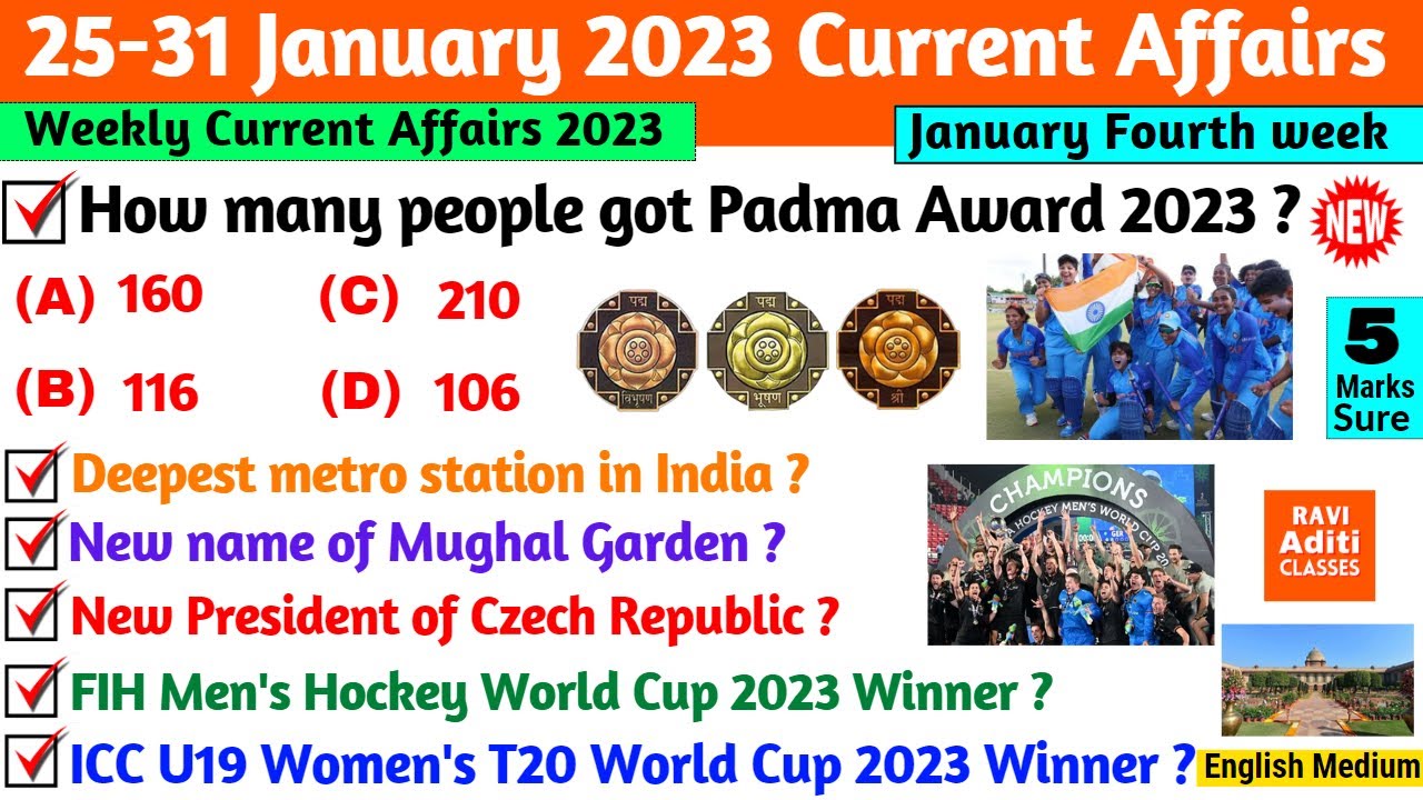 January 2023 Weekly Current Affairs in English | 25 To 31 Jan Fourth ...