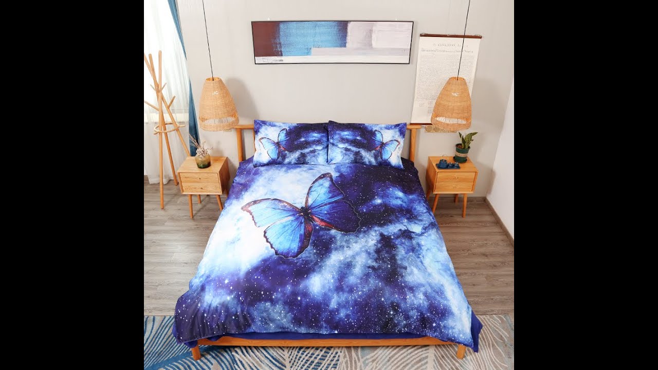 5 Piece 3D Comforter Sets Blue Galaxy Butterfly High-Quality Microfiber Polyester Bedding Sets
