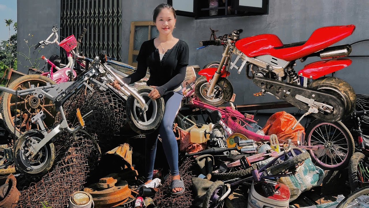 The genius girl bought a mini motorbike from her neighbor scrap pile.