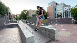 Broad jump → stick/precision landing (hip-high walls)