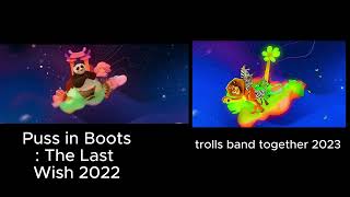 comparison of the dreamworks logo 2022 with the 2023 variant in (Trolls 3)