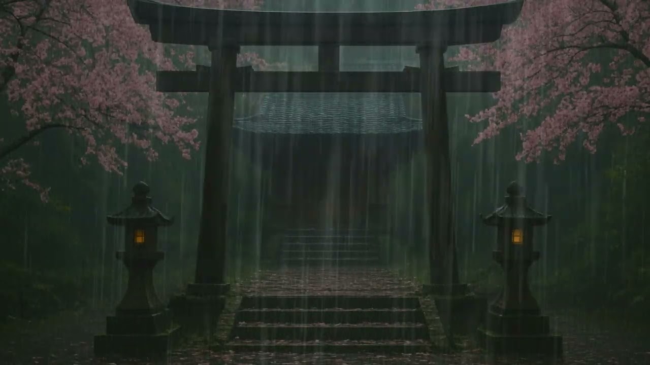 🌙 The Shrine Beneath the Blossoms | 3 Hours Japanese Cherry Blossom Rain Ambience