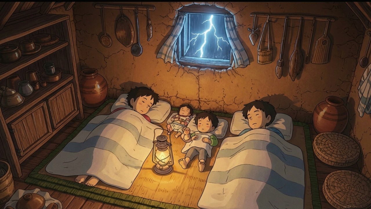 Cozy Japanese Village Night: Heavy Rain on the Roof + Distant Thunder | Ghibli-Style ASMR