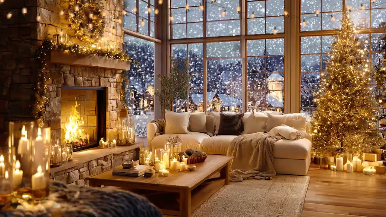 Cozy Christmas Ambience with Fireplace & Soft Music | Relaxing Winter Holiday Background Video