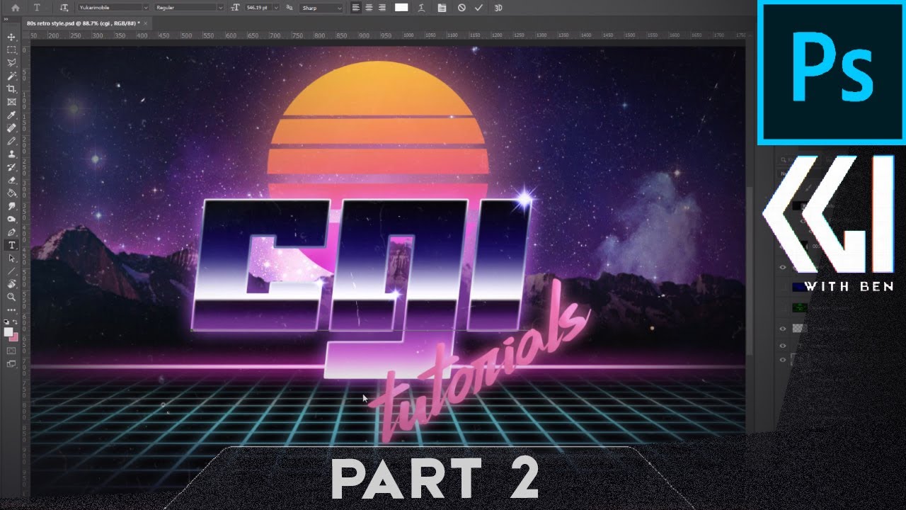 80's Retro synthwave text logo scene: Part 2: Use gradients, layer styles & grunge overlays on text