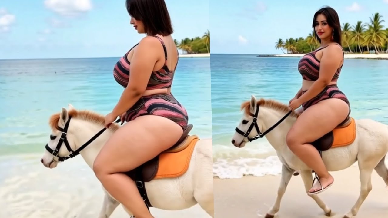 Beach Goddess Riding a Tiny Pony  Tropical Beauty Fantasy