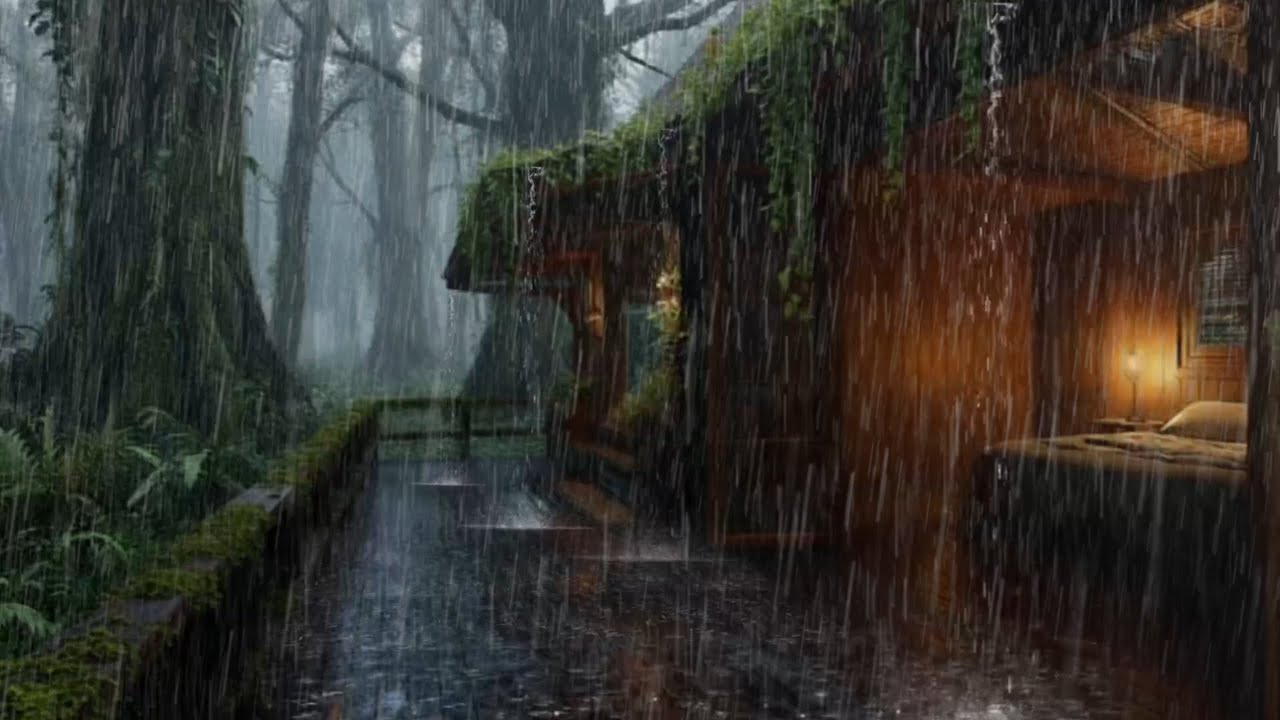 No Ads | Relaxing Autumn Rainfall at Wooden Cabin in the Forest Lake🌲Sleep& Stress Relief Ambience