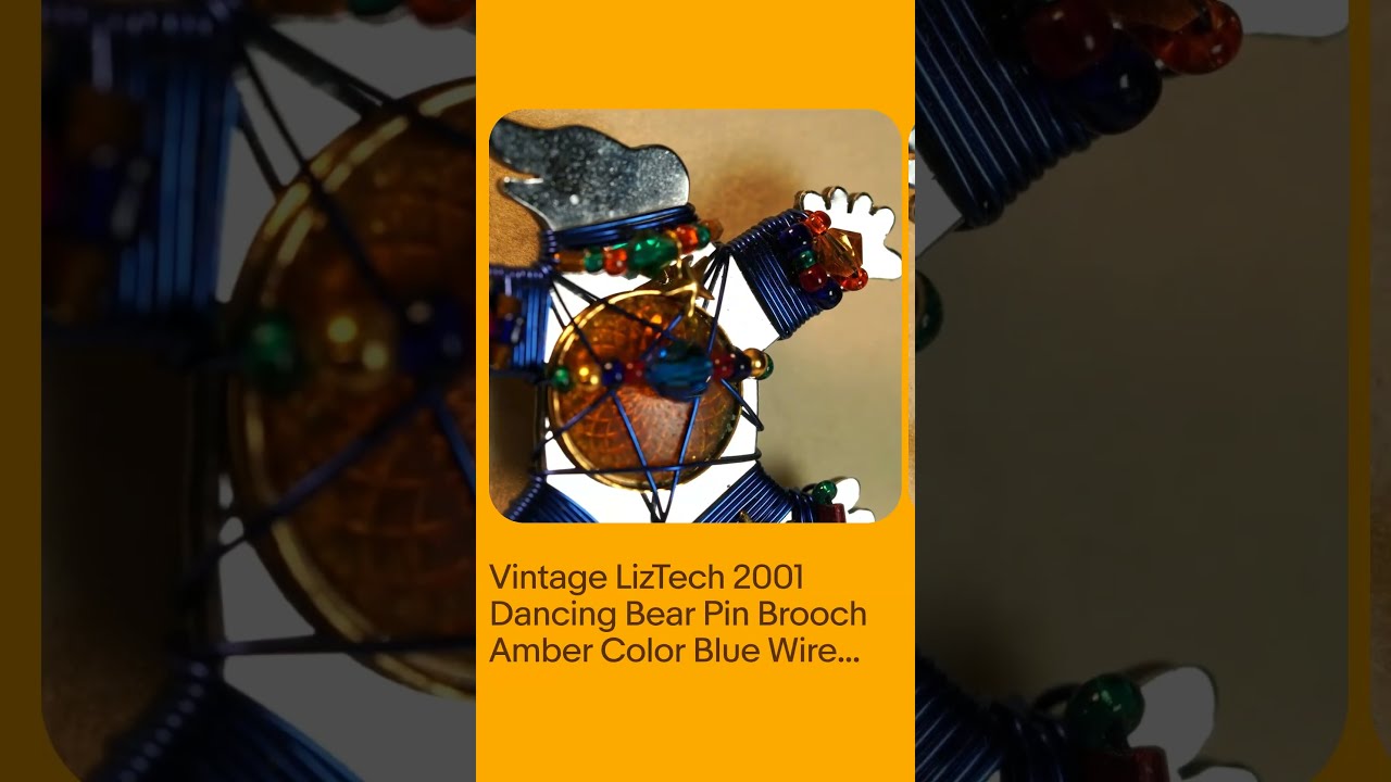 LizTech 2001 Dancing Bear Pin Brooch Amber Color Blue Wire Winding Cute! Vintage