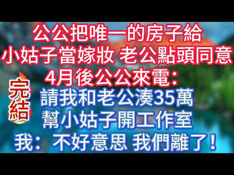 【完結】公公把唯一的房子給小姑子當嫁妝，老公點頭同意。 4月後公公來電：請我和老公湊35萬幫小姑子開工作室。我：不好意思，我們離了！ #傾聽故事會 #情感故事 #夜讀人生 #故事分享 #正能量 #爽文