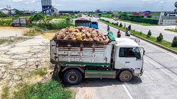 NICELY! START PROJECT LANDFILL BY Excellent Skill Driver 5TTrucks Unloading RockSoil & DOZER KOMATSU