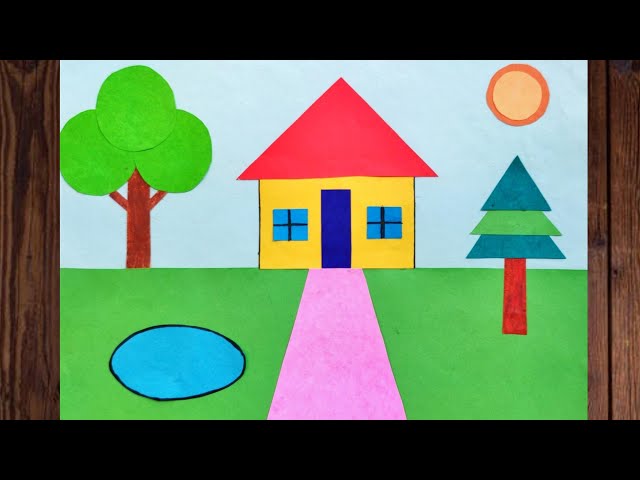 How to make scenery using geometrical shapes |House scenery with geometrical shapes |Village scenery class=