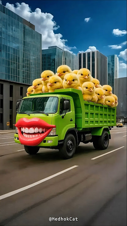 Evolution of a cheerful flower-carrying truck into a dump truck carrying chicks
