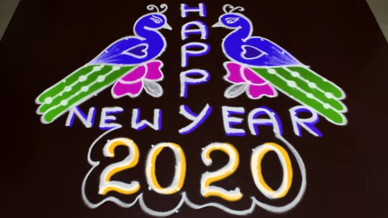 new year rangoli design for 2020 | very easy peacock rangoli ...