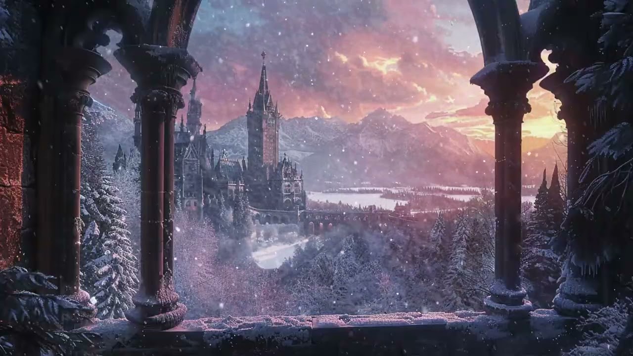 Warm Castle Balcony Piano ASMR with Gentle Winter Snowfall for Peaceful Deep Sleep