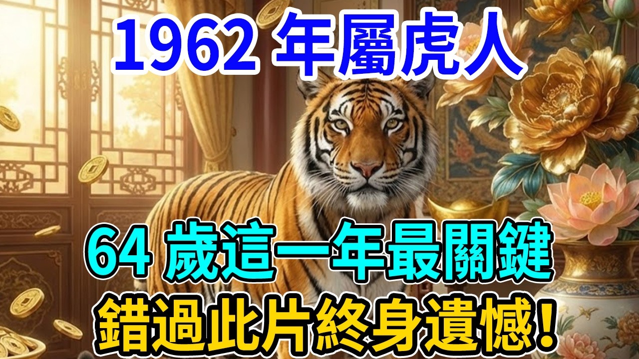 緊急預警！1962壬寅虎注意，64歲這道坎最關鍵！跨過去後半生富貴到流油！天機難得一見，屬虎人若錯過這部影片，絕對遺憾終身！#1962屬虎 #壬寅虎 #生肖運勢 #晚年運 #發財 #命理
