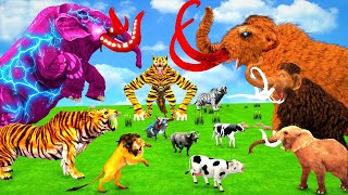 5 Mammoth Elephant vs 5 Zombie Big Bull vs Giant lion Tiger wolf Fight Cow Saved by Woolly Mammoth