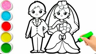 Cute Bride & Groom Drawing Painting Colouring for kids Toddlers | How to draw Bride & Groom easy