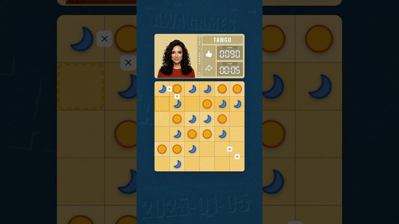 LinkedIn Tango #90 solved board for January 5, 2025, 6x6 grid