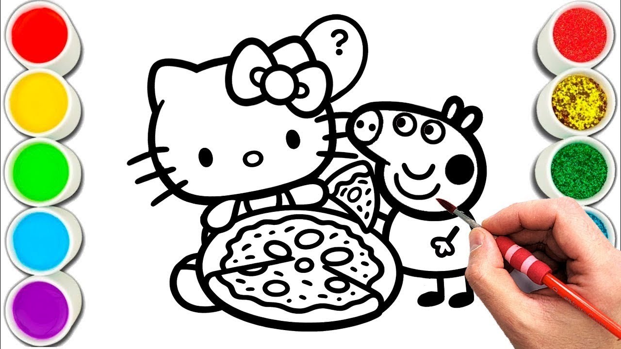 Рисунок с изображением Hello Kitty и Peppa Pig, которые едят пиццу. Рисование, раскрашивание и жи...