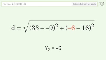 Find the distance between two points p1 (-9,16) and p2 (33,-6): Step-by-Step Video Solution