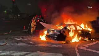 Car Catches Fire at Street Takeover  Fire Engulfs Car During Street Takeover At South La Intersection