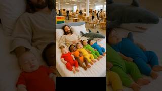Jesus And Babies Run From Bed To Rainbow Shelves In Furniture Shop