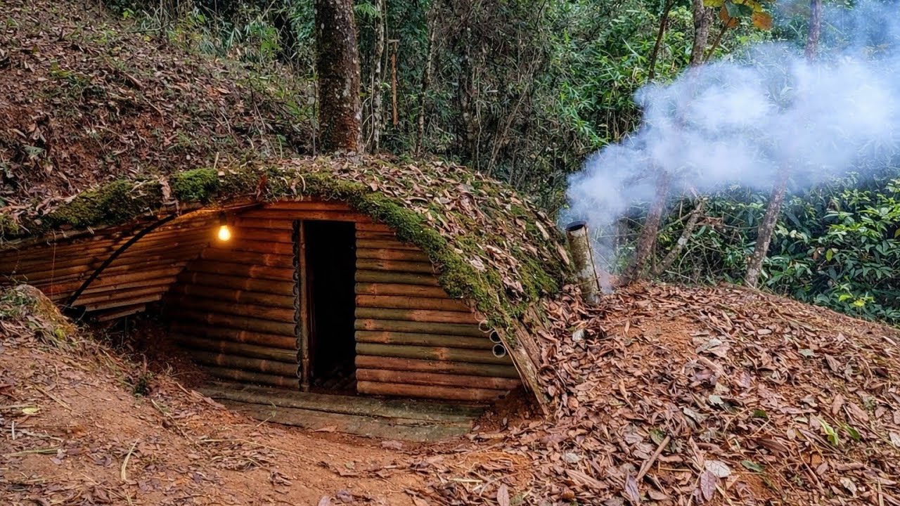 Constructing an underground complete survival bushcraft shelter.