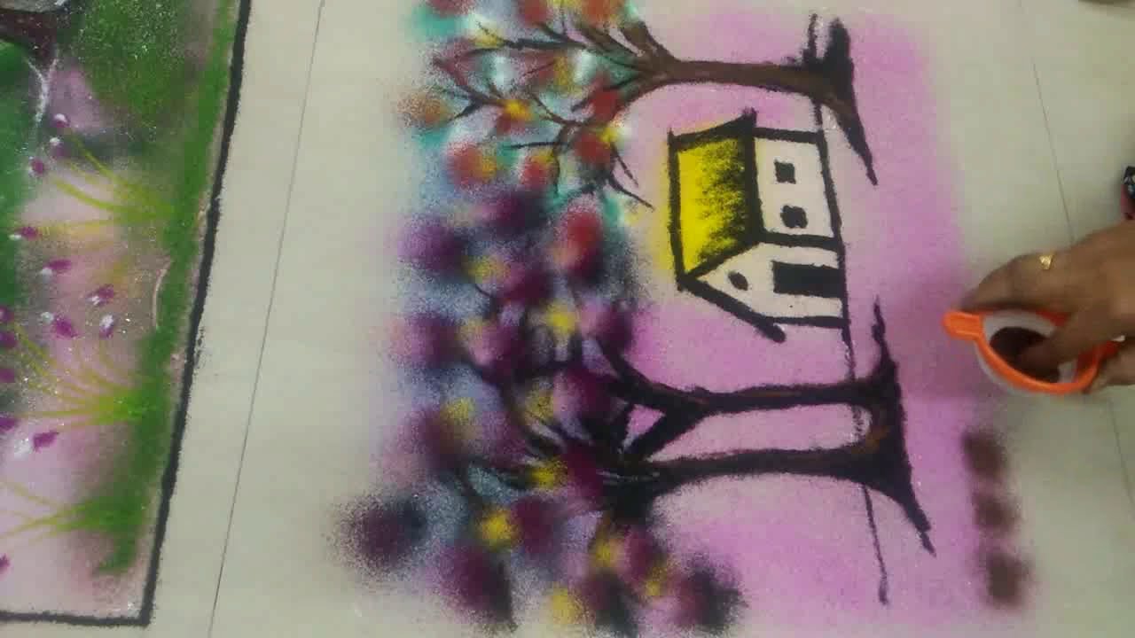 EASY NATURE SCENE RANGOLI BY MANI RAJ. - YouTube
