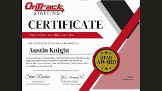 Appreciation Certificate OnTrack Staffing