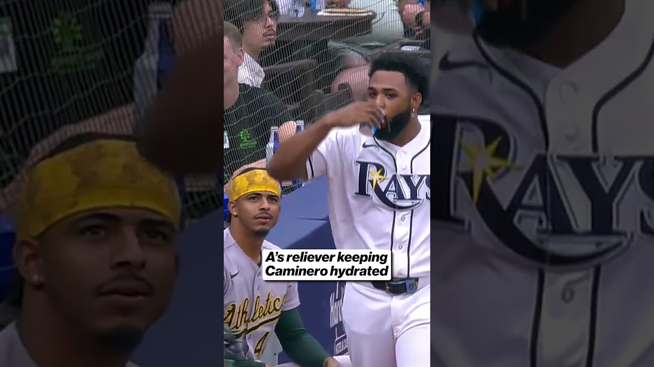 Junior Caminero ran so far that he deserved a drink afterwards 😂 #mlb #baseball #rays #mlbfunny