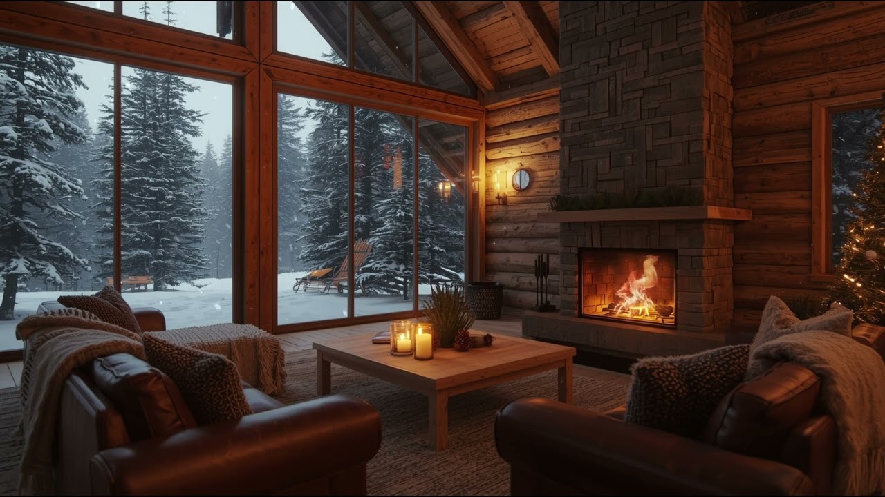 Winter Cabin Serenity – Hearthfire Comfort, Twinkling Tree & Snowfall’s Soft Embrace