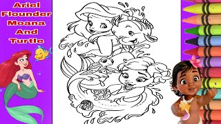 Coloring Mermaid Ariel, Flounder Fish,Moana, And Turtle Coloring page/coloring book/drawing for kids