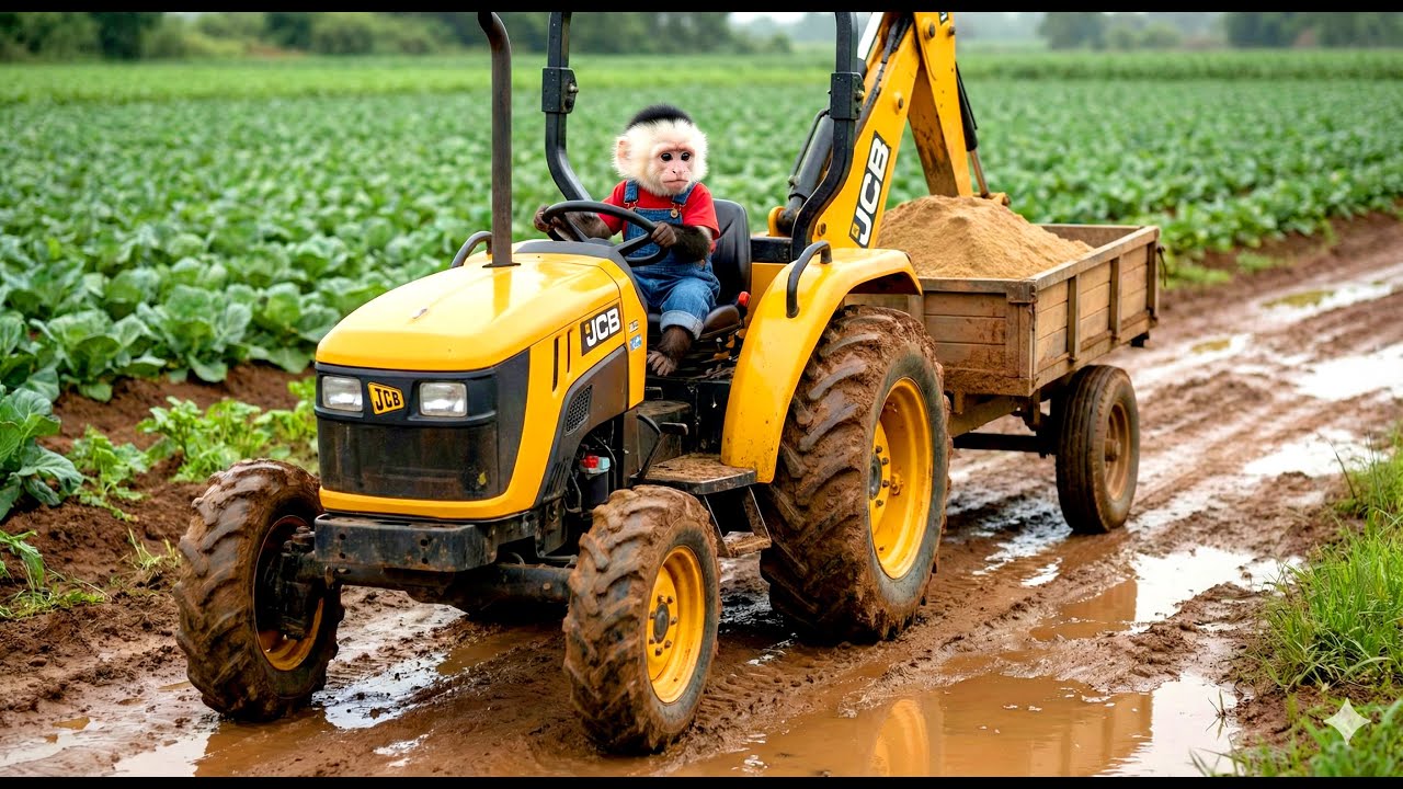 Monkey Nana the JCB Tractor Excavator and the Unexpected Road Repair After the Big Rain MONKEY LIFE