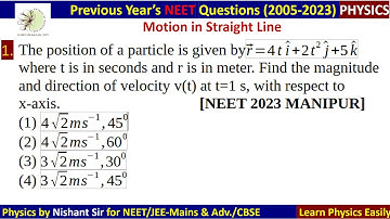 The motion of a particle is given by r=4ti+2t^2j+5k where t is in seconds and r is in ..  NEET 2023