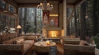 Rainy Wood Cabin in the Forest | Cozy Coffee Shop Ambience 🌨 Jazz Music for Study, Work and Sleep