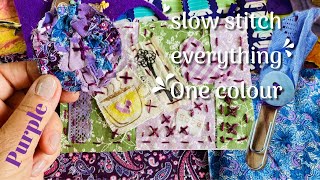 slowstitching everything purple fabric brooch postcard paperclips