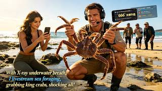 With X-ray underwater breath, I livestream sea foraging, grabbing king crabs, shocking all!