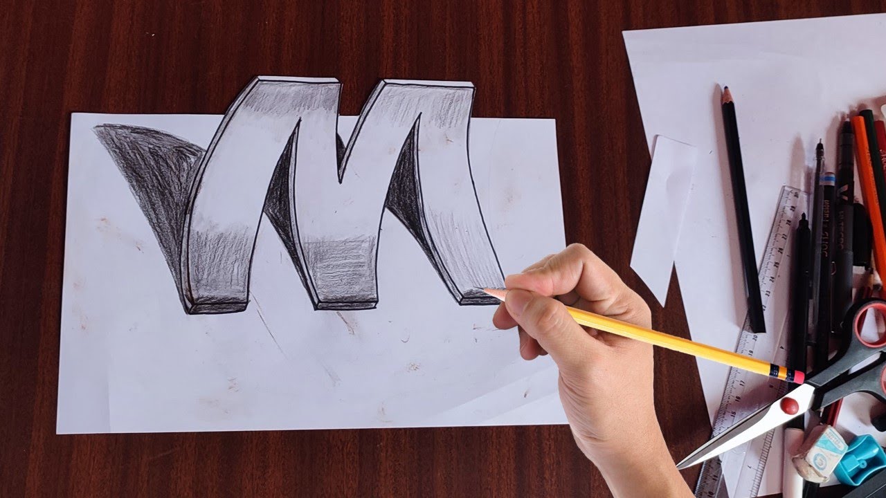 How to Draw 3D Letter M Drawing with pencil Awesome Trick Art