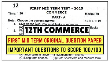 12th Commerce | First mid term important questions 2025 | 1st mid term 2025 original question paper