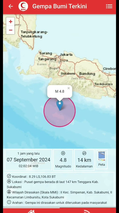Gempa Bumi M : 4.8 Tanggal : 07 September 2024 02:02:04 WIB Pusat 147 km Tenggara Kab. Sukabumi