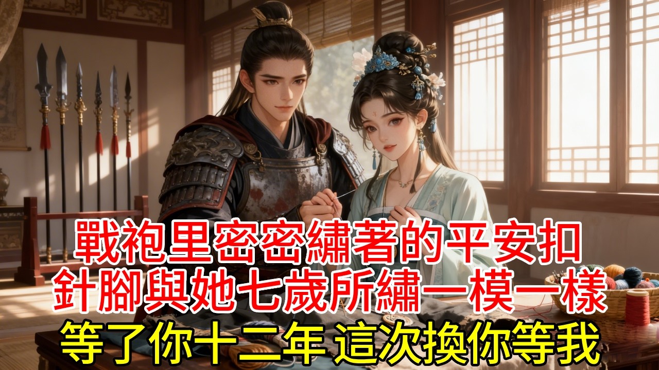她縫補舊戰袍，在里襯摸到密密繡著的平安扣，針腳與她七歲所繡一模一樣。他出征前攥住她拿針的手，血珠滲進虎口也未松：“等了你十二年，這次換你等我。”#古言#甜文#爽文#一世兩相依